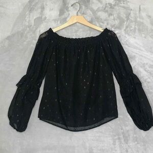 Bebe Top Womens S Black Swiss Dot On or Off The Shoulder Boho Sheer Bell Sleeve
